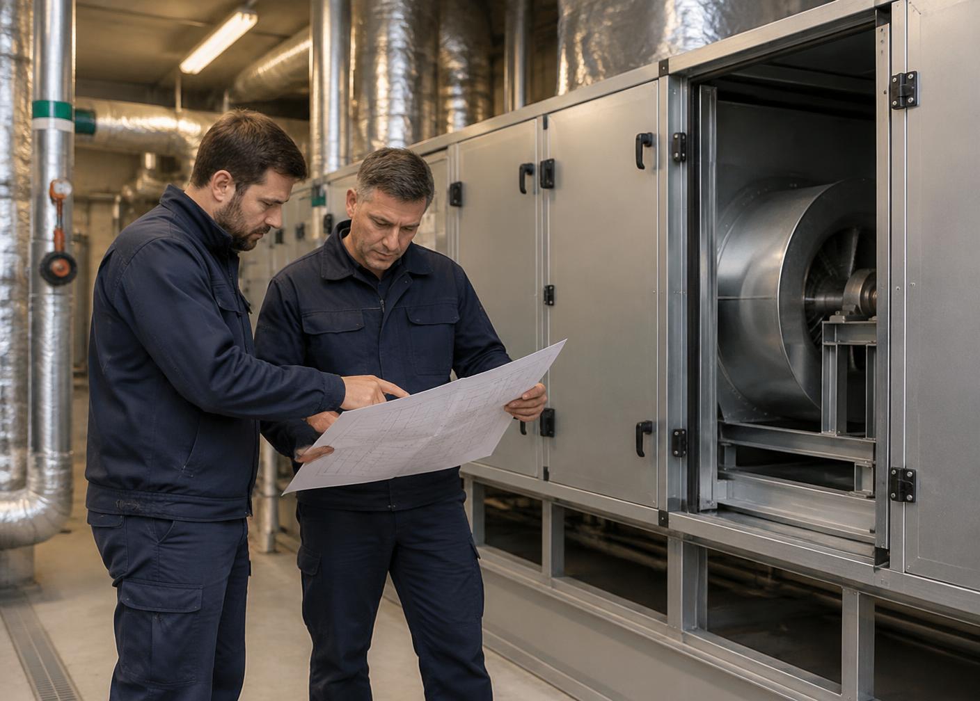 HVAC applications engineers reviewing mechanical plans